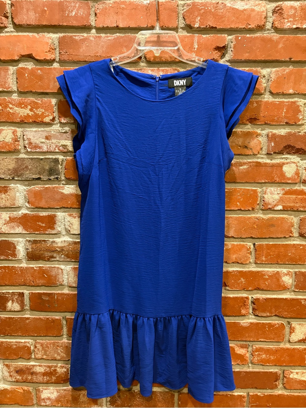 DKNY Royal Cobalt Blue Flutter Sleeve Ruffle Hem Shift Dress Womens 12